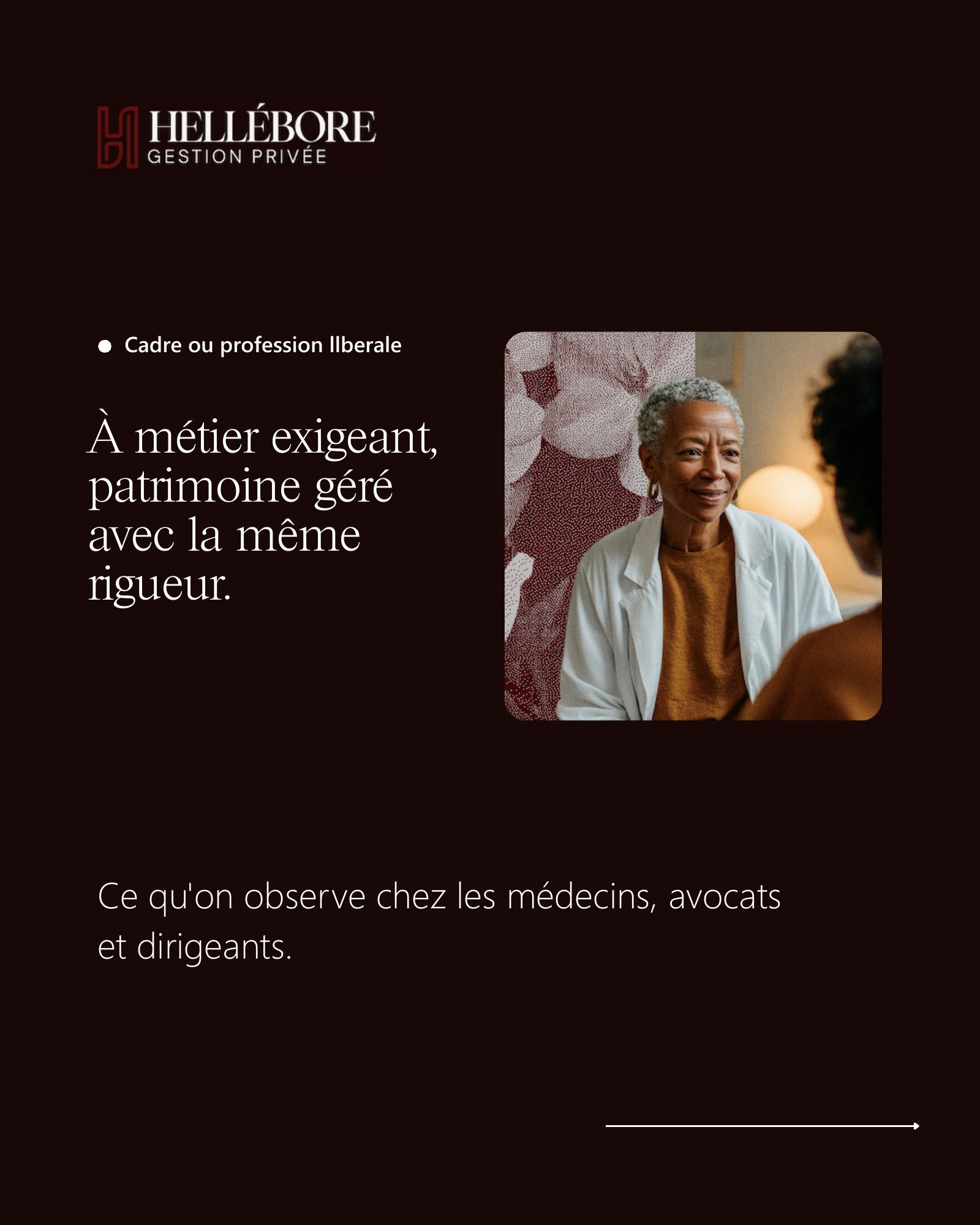 Planche de carrousel Hellébore Gestion Privée adressée aux cadres et professions libérales, mai 2026